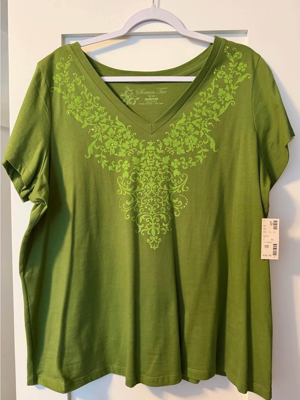 Avenue Olive Green V-Neck Tee with Floral Scroll Print